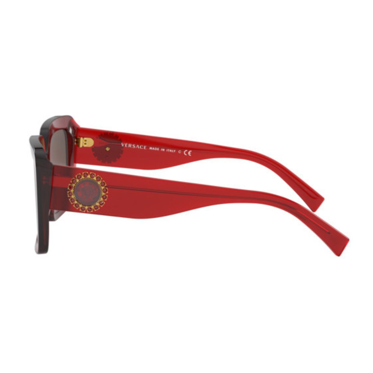 "Stylish Versace 4384 5280/73 women's sunglasses from Optorium. Rectangle shape, full frame, UV protection. Vibrant red temples, trusted Optorium name."