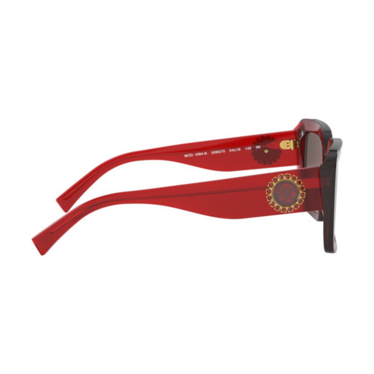 "2. Optorium's Versace 4384 5280/73 women's sunglasses: rectangle shape, full frame, UV protection. Vibrant red temples, trusted Optorium name."