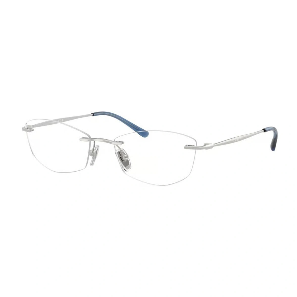 Vogue women’s luxury rimless optical frame with blue temple tips