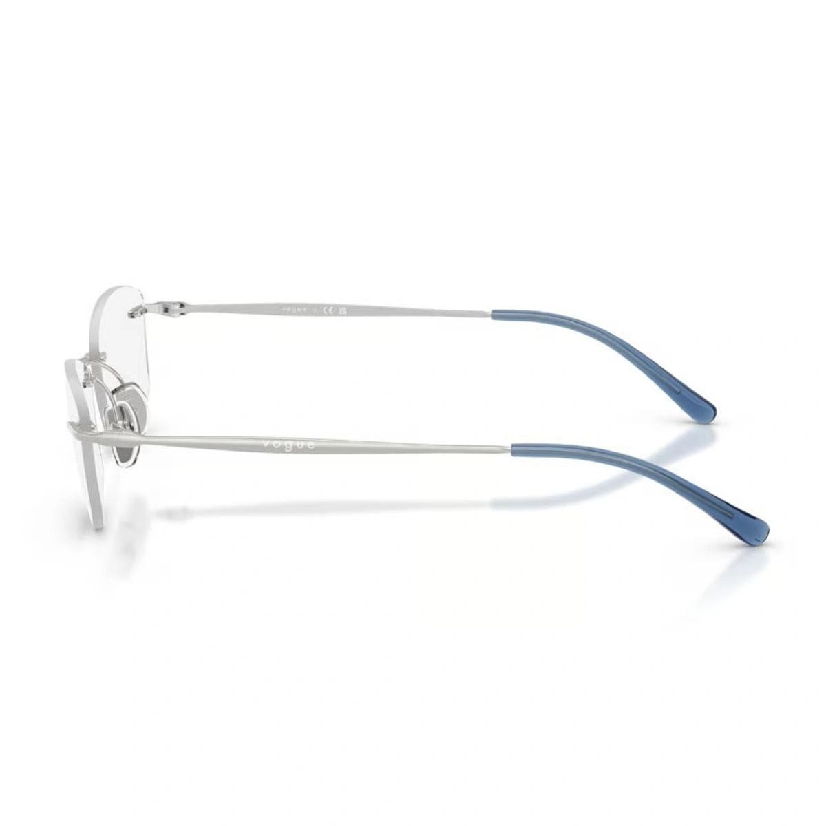 Silver metal Vogue eyeglasses with light blue acetate temple tips
