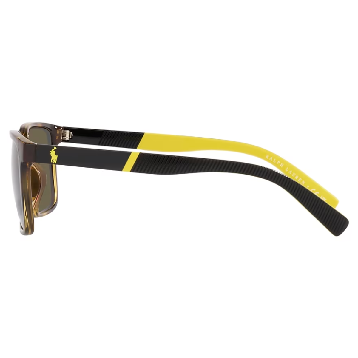 "Explore the fashionable Ralph Lauren Polo 4189U Sunglasses for Men at Optorium. Square-shaped frames, light yellow and light grey lenses, non-polarized, black and yellow/red temples."