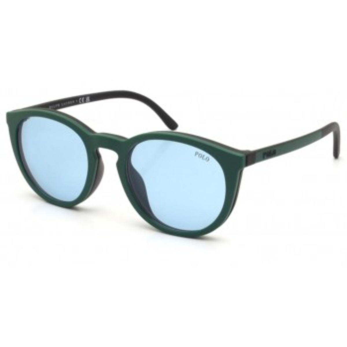 "Discover the trendy Ralph Lauren Polo 4183U Round Shape Sunglasses for Men at Optorium. Non-polarized polycarbonate lenses in blur and mirror grey, paired with a green and black acetate frame. Elevate your style with these fashionable sunglasses."