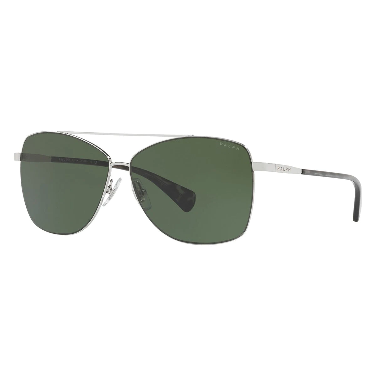 "Shop the Latest Ralph Lauren 4121 Aviator Sunglasses for Women at Optorium. Metal frames, green lenses. Fashionable and functional. Silver & black color combo. Upgrade your eyewear collection with Ralph Lauren 4121 sunglasses for women at Optorium."