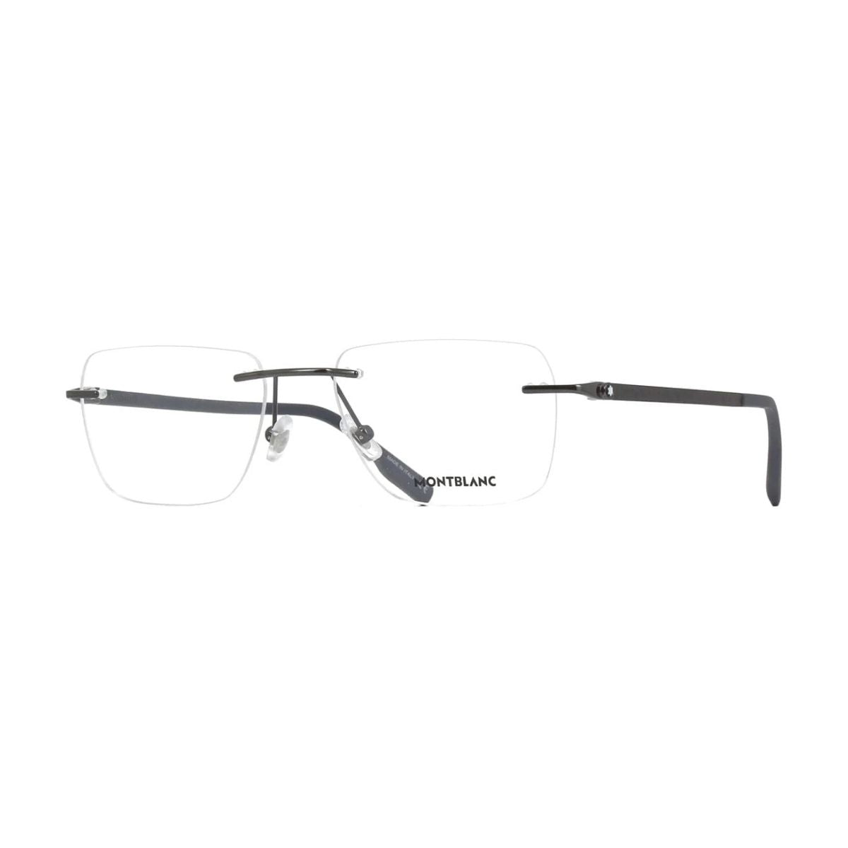 "Sleek Mont Blanc MB0185O 003 rimless frame in gunmetal, available at Optorium."