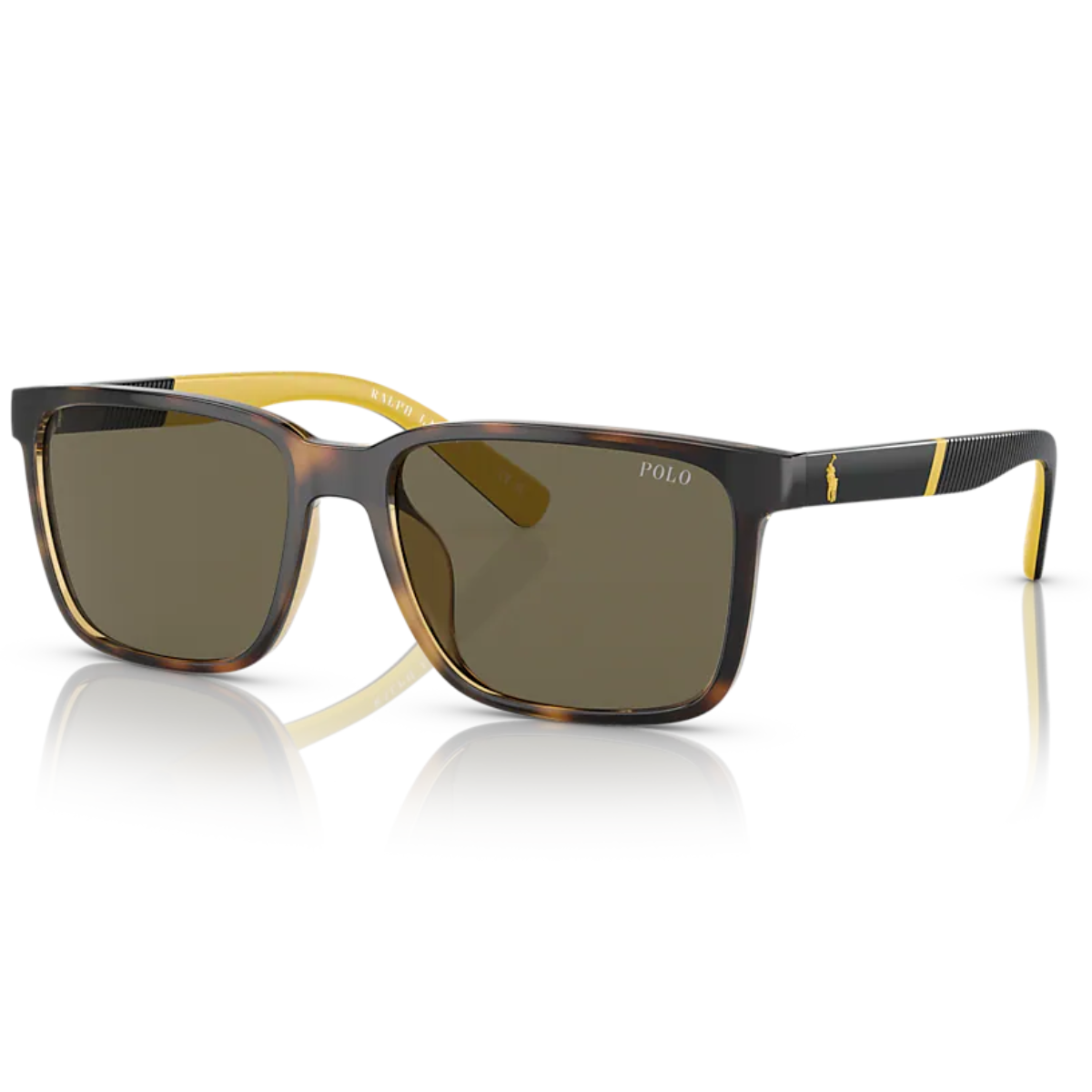"Shop the trendy Ralph Lauren Polo 4189U Sunglasses for Men at Optorium. Square frames, light yellow and light grey lenses, non-polarized, black and yellow/red temples."