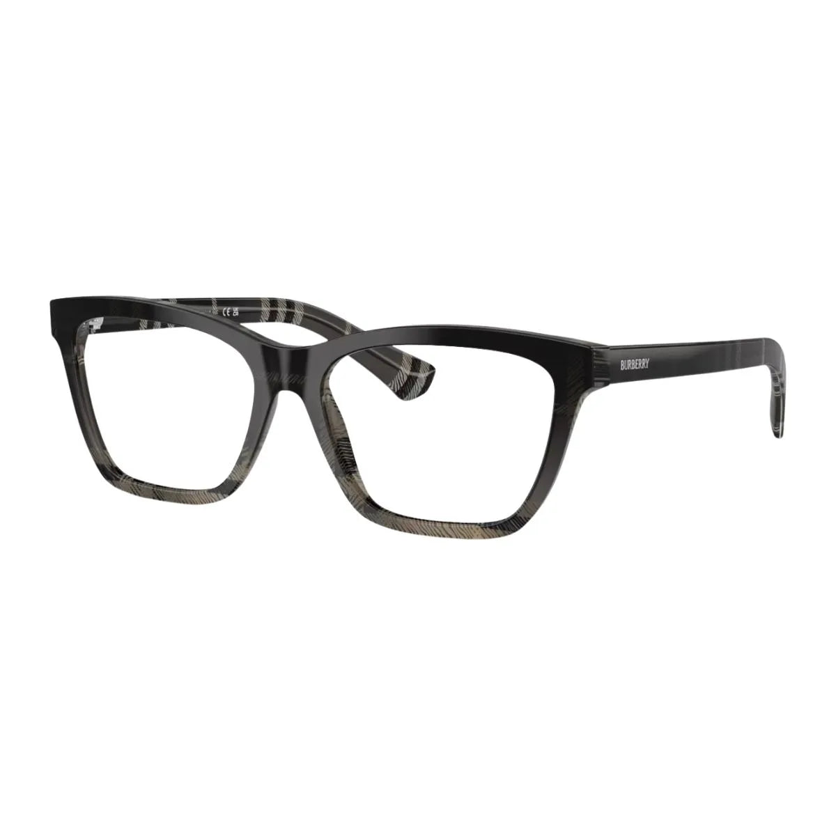 Shop Burberry eyeglasses for women – model B 2440 4200 in stylish grey check design. Trendy rectangle burberry glasses frames and burberry optical glasses available now at Optorium.