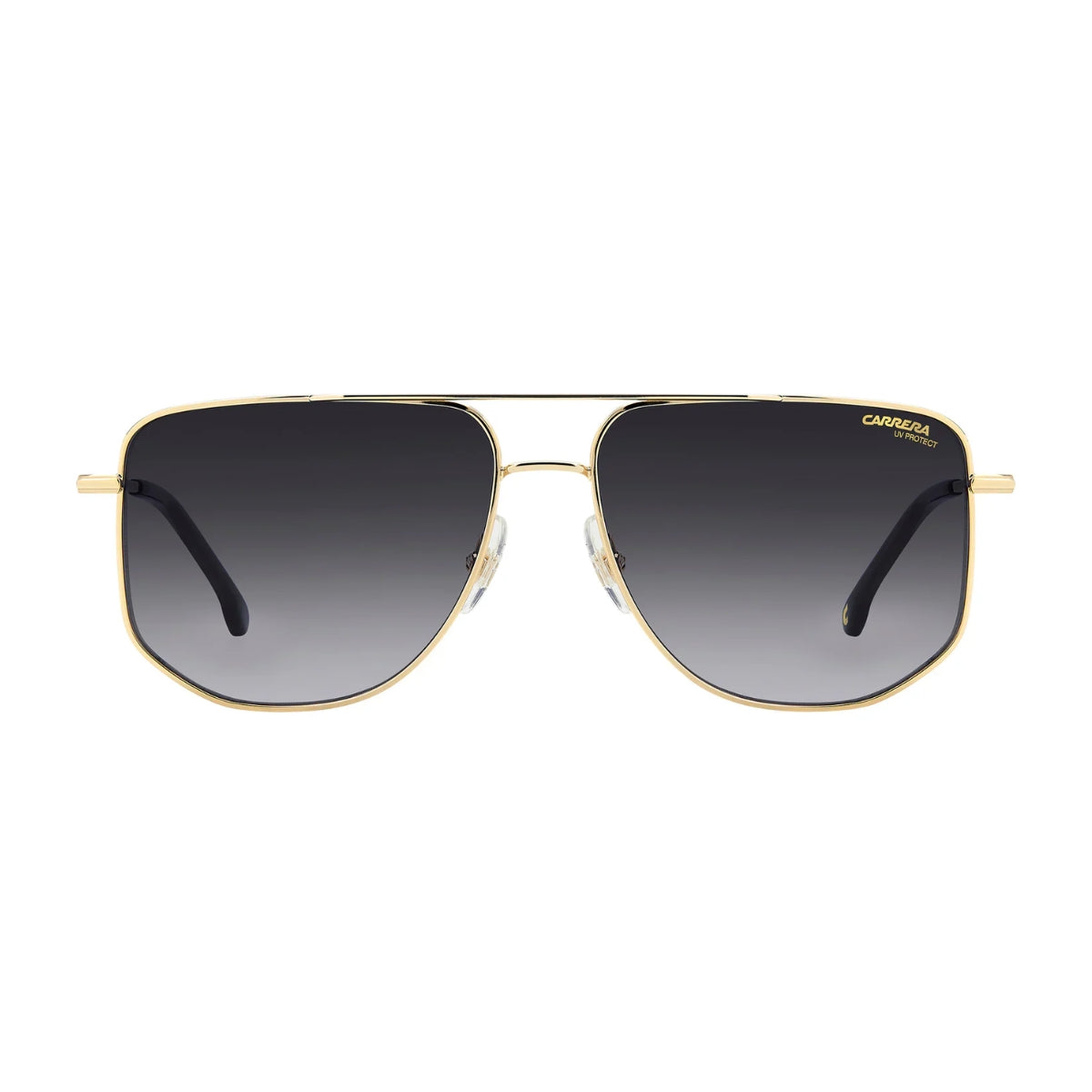 Carrera 355/S RHL90 sunglasses with a sleek double-bridge design, featuring a transparent gold frame and Gradient Dark Grey lenses.