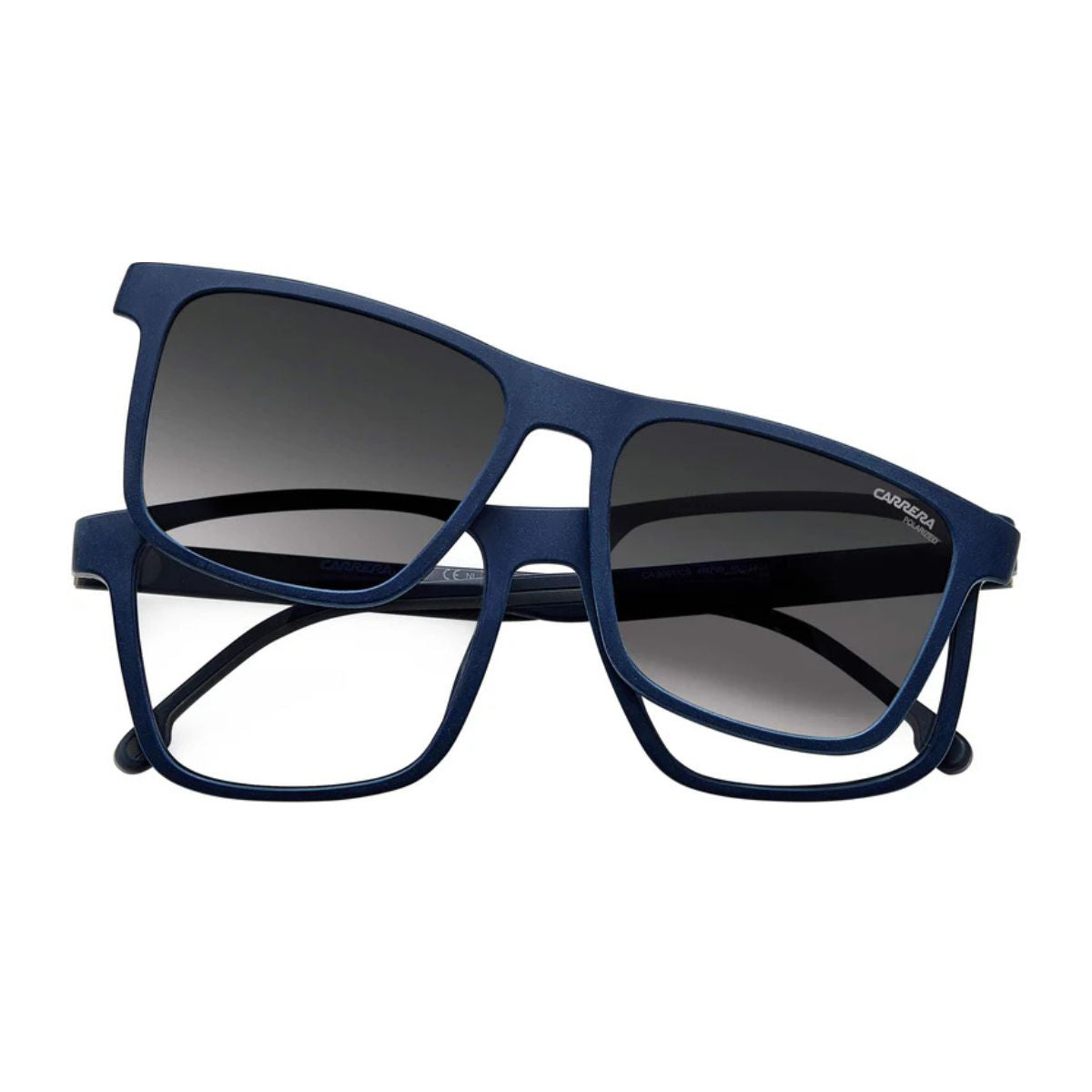 Men's Carrera Clip-On Sunglass CA 8061/CS 4NZ99 with matte blue frame and polarized lenses. Available at Optorium.
