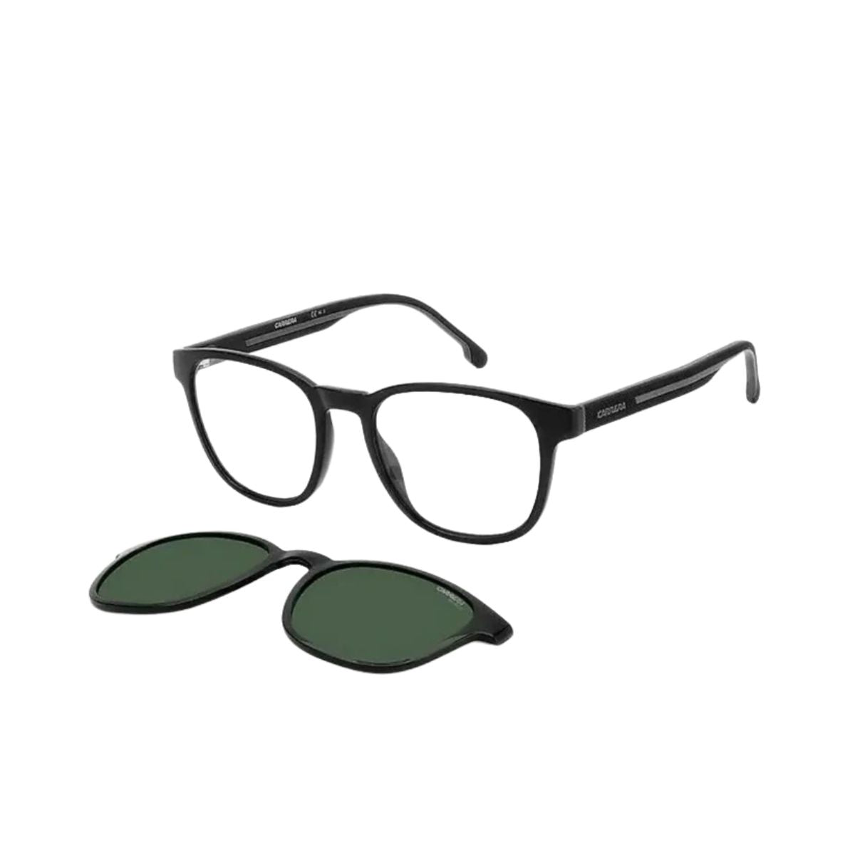 Stylish Carrera CA 8062/CS 08A99 clip-on sunglasses, black frame, and green lenses. Shop now at Optorium.
