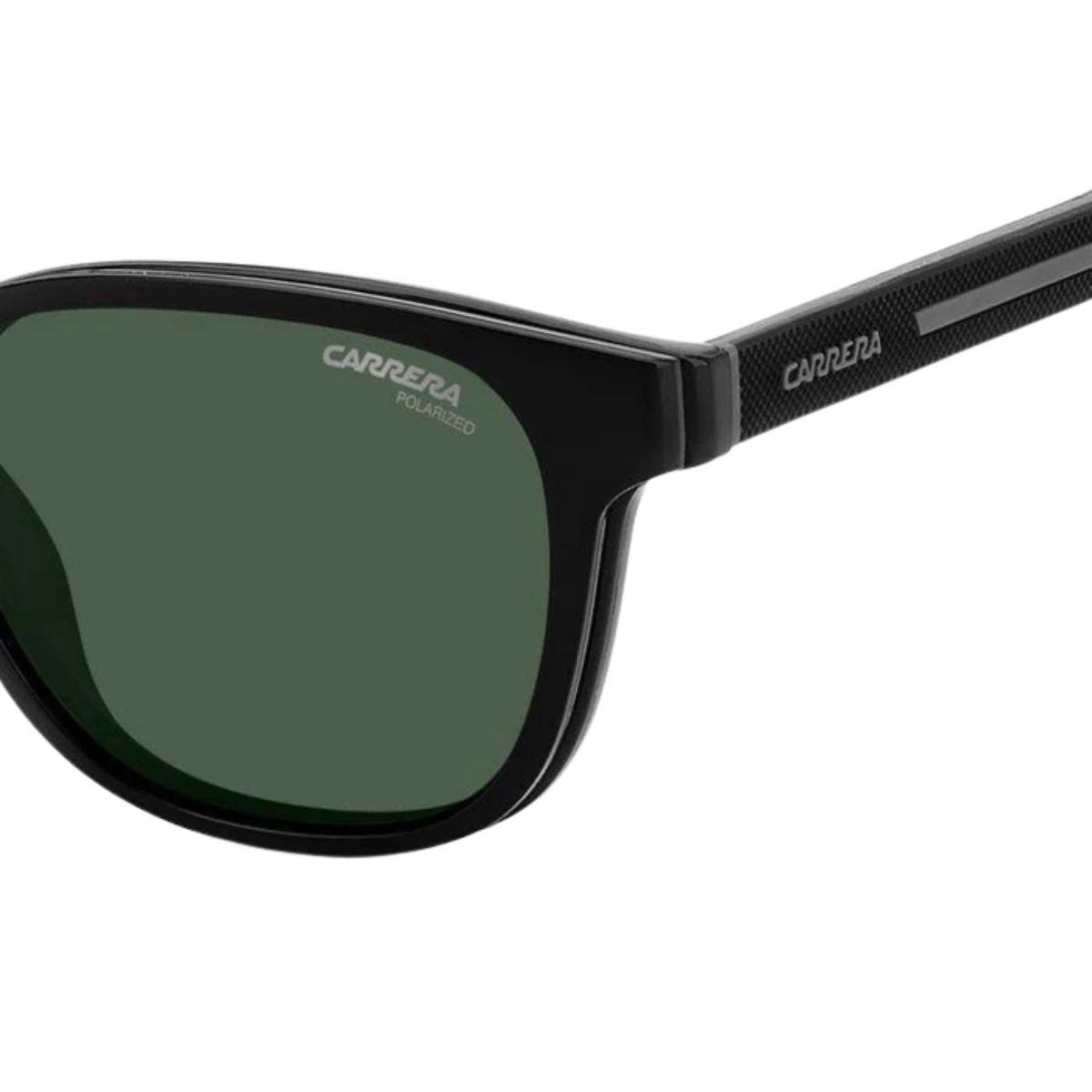 Black frame Carrera Clip-On Sunglass CA 8062/CS 08A99 with green polarized lenses. Available at Optorium.
