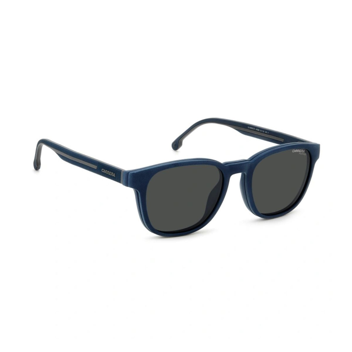 Men’s Carrera Clip-On Sunglass CA 8062/CS 4NZ99 with blue frame and polarized lenses. Get it online at Optorium.
