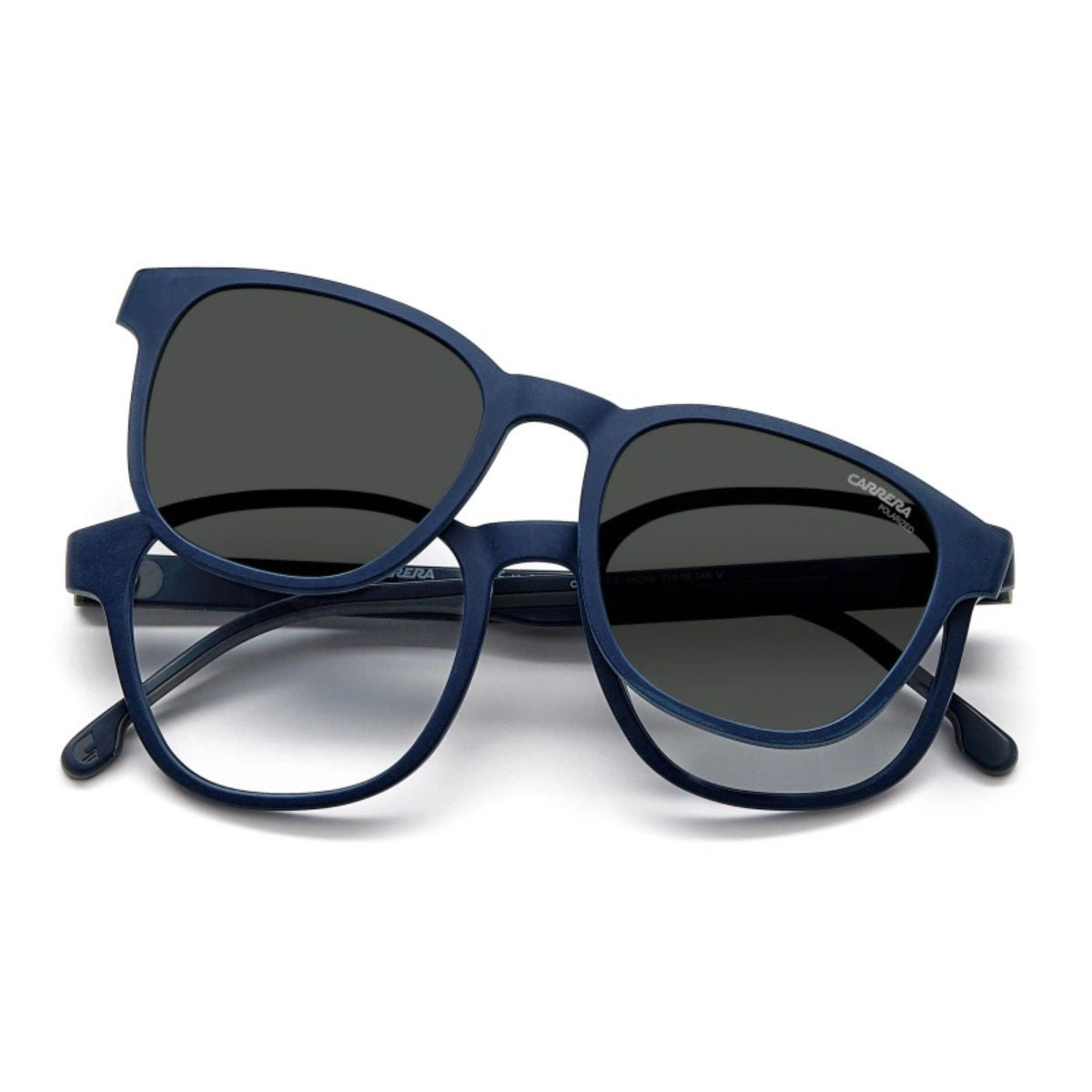 Stylish Carrera Clip-On Sunglass CA 8062/CS 4NZ99, blue frame, and polarized. Available at Optorium.
