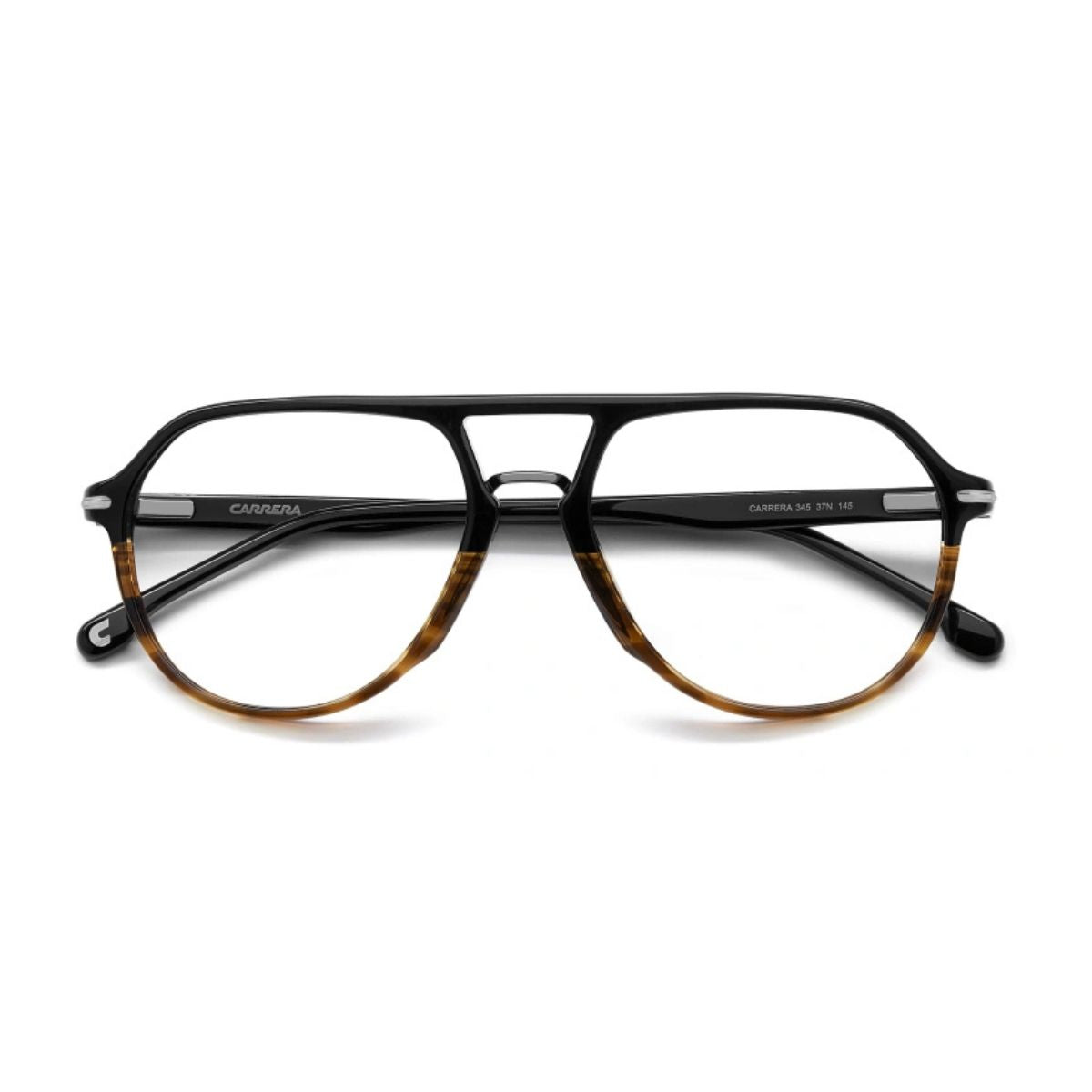 "Men's Carrera 345 37N aviator eyeglasses, lightweight black horn frame online at Optorium."
