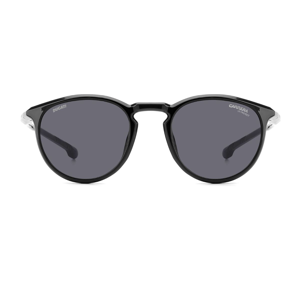 "Carrera 035/S 807IR oval sunglasses, black frame, grey UV lenses, unisex, lightweight design."