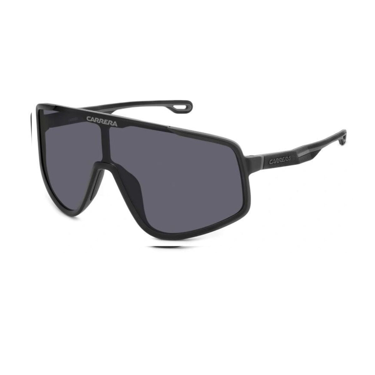 "Men's Carrera 4017/S 003IR mask-shaped sunglasses, sleek black frame, grey UV lenses, stylish."