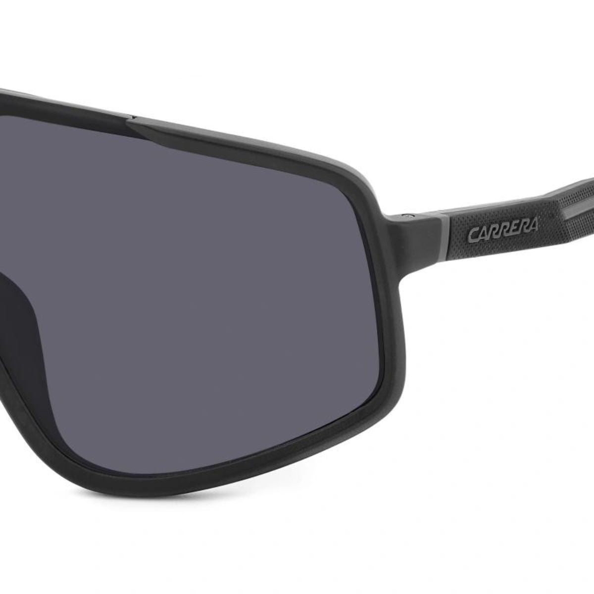 "Carrera 4017/S 003IR men's sunglasses, bold mask-shaped design, black frame, grey UV lenses."