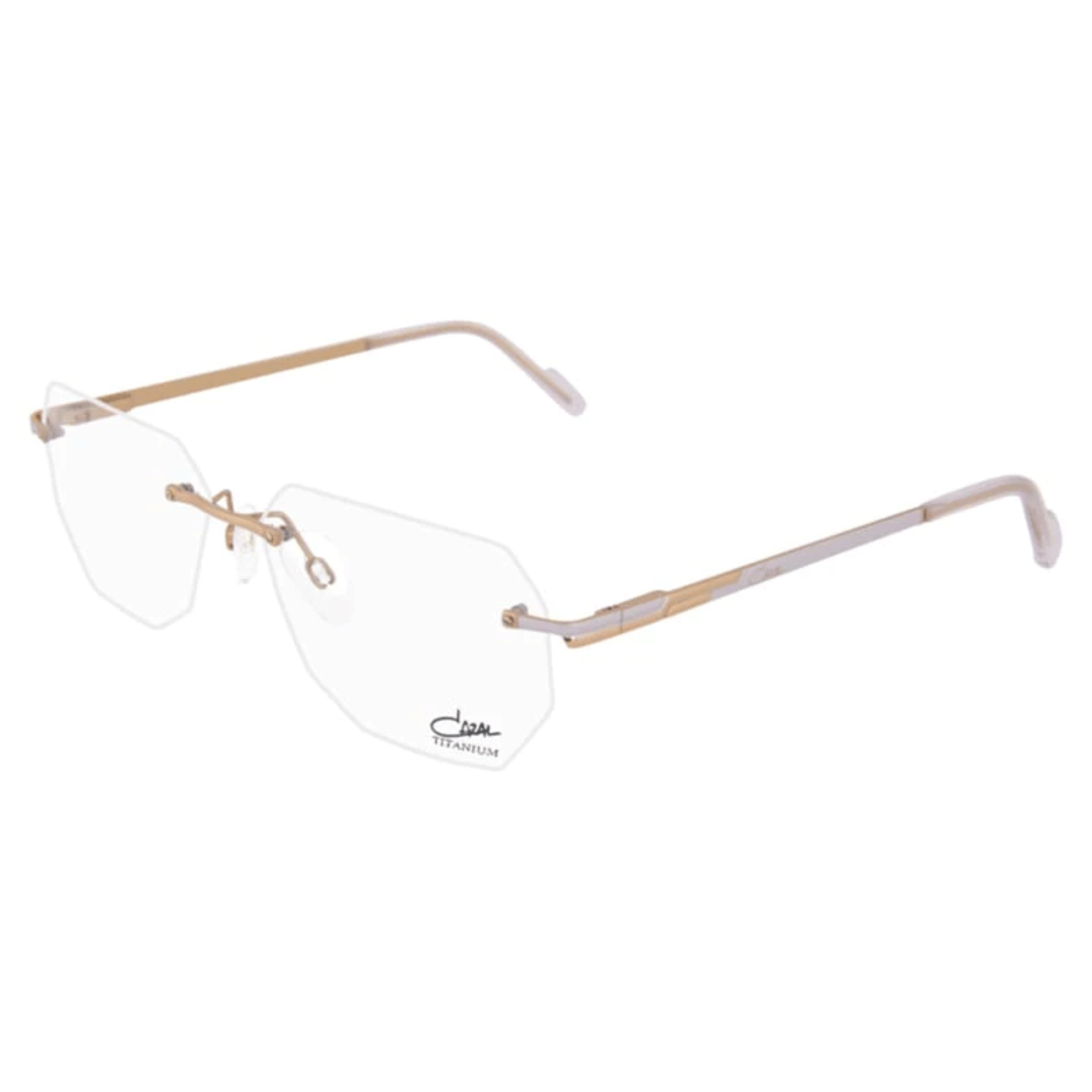Cazal eyeglasses gold color Frame 7102 003 with rimless design. Iconic Cazal eyewear offering lightweight fit and luxury appeal, perfect optical glasses for men shopping authentic frames at optorium