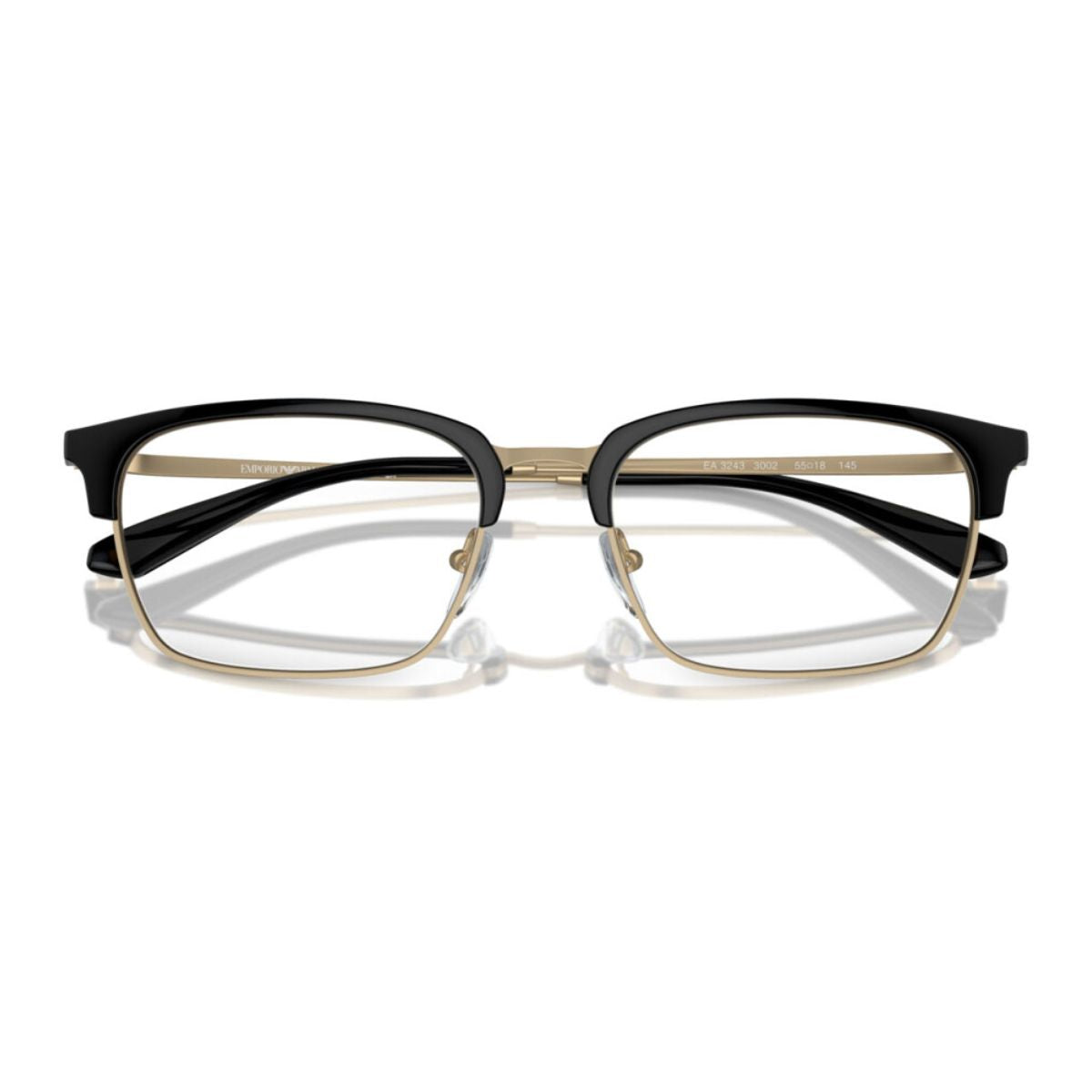 "Emporio Armani EA 3243 3002: Sleek Black & Pearl Gold Club Master glasses with Pale Gold accents."