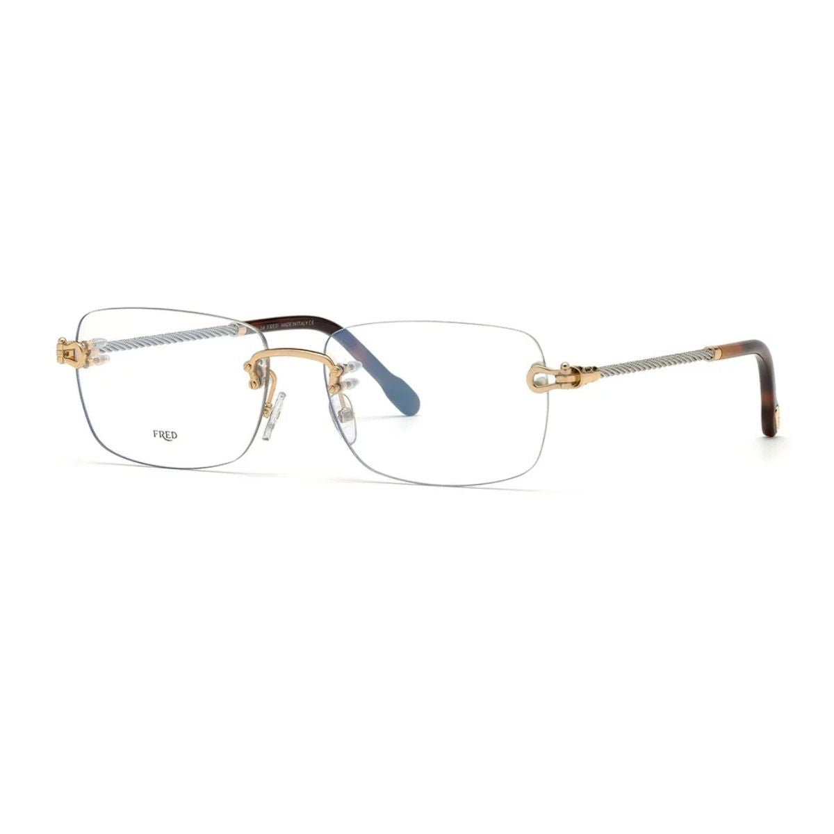 Fred Frame FG50002F 030 – Luxury gold rectangle optical frame for men & women. Premium rimless eyewear with a sleek design for ultimate comfort. Shop online at Optorium.