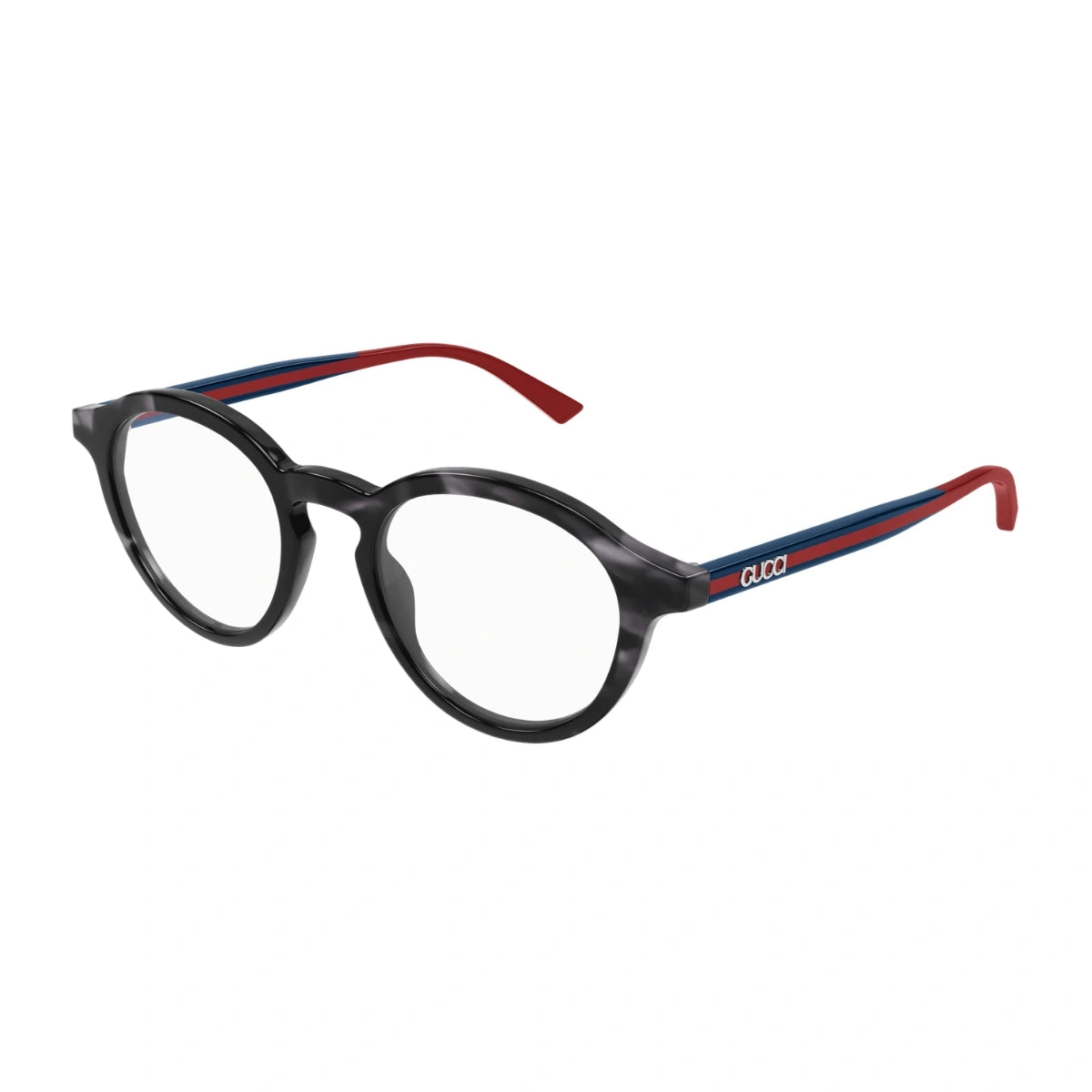 Black eyeglasses with red and blue accents on a white background