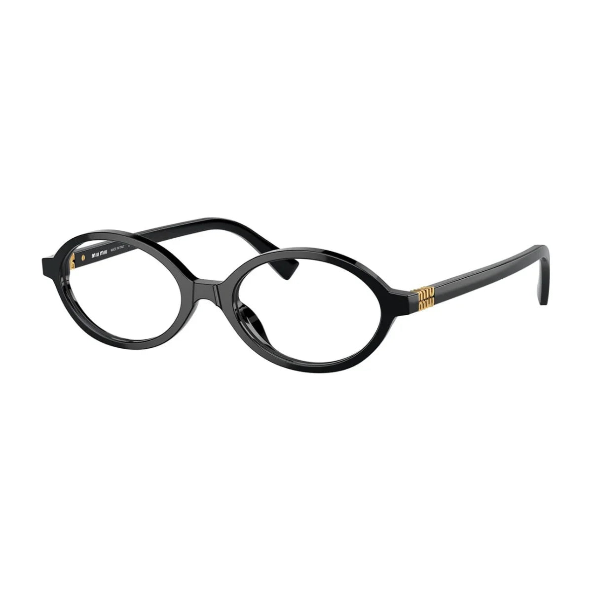 "Side view of Miu Miu black eyeglasses VMU01X 1AB 101 featuring women’s designer eyewear look"