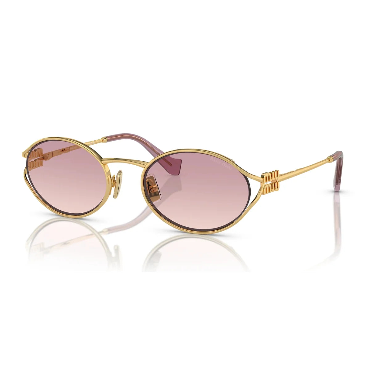 "Side view of Miu Miu sunglasses SMU52Y 5AK 06S featuring gold-tone oval design"
