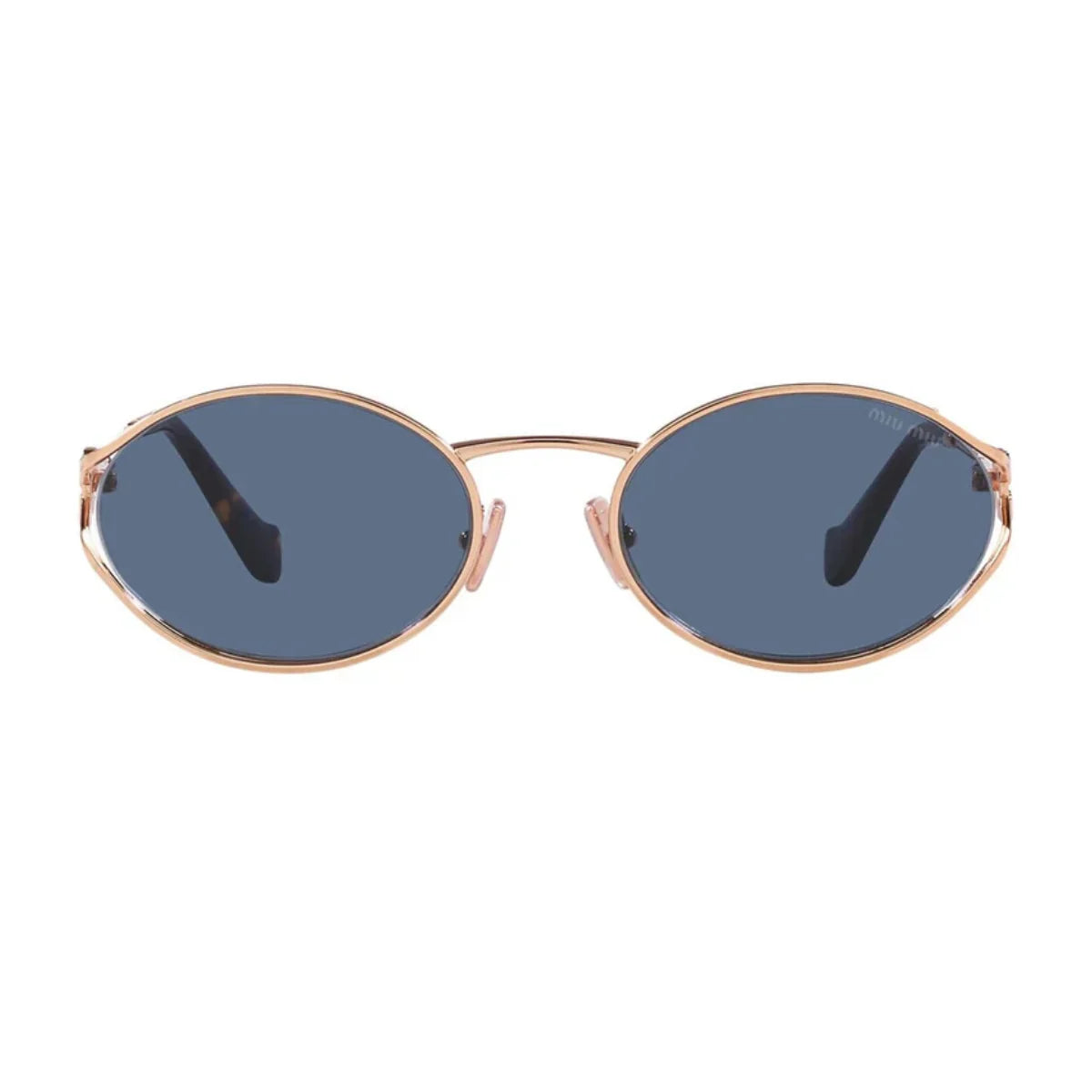 Miu Miu SMU 52Y ZVF 1V1 women’s sunglasses with stylish rose gold full-frame and dark blue lenses, available online at Optoriu