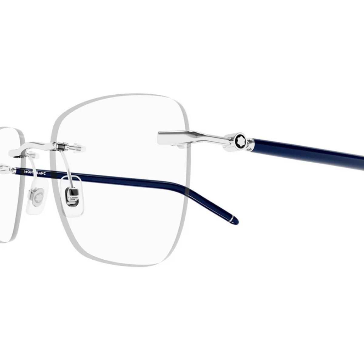 "Mont Blanc MB0274O 003 rimless square frame in silver with blue temples, online at Optorium."