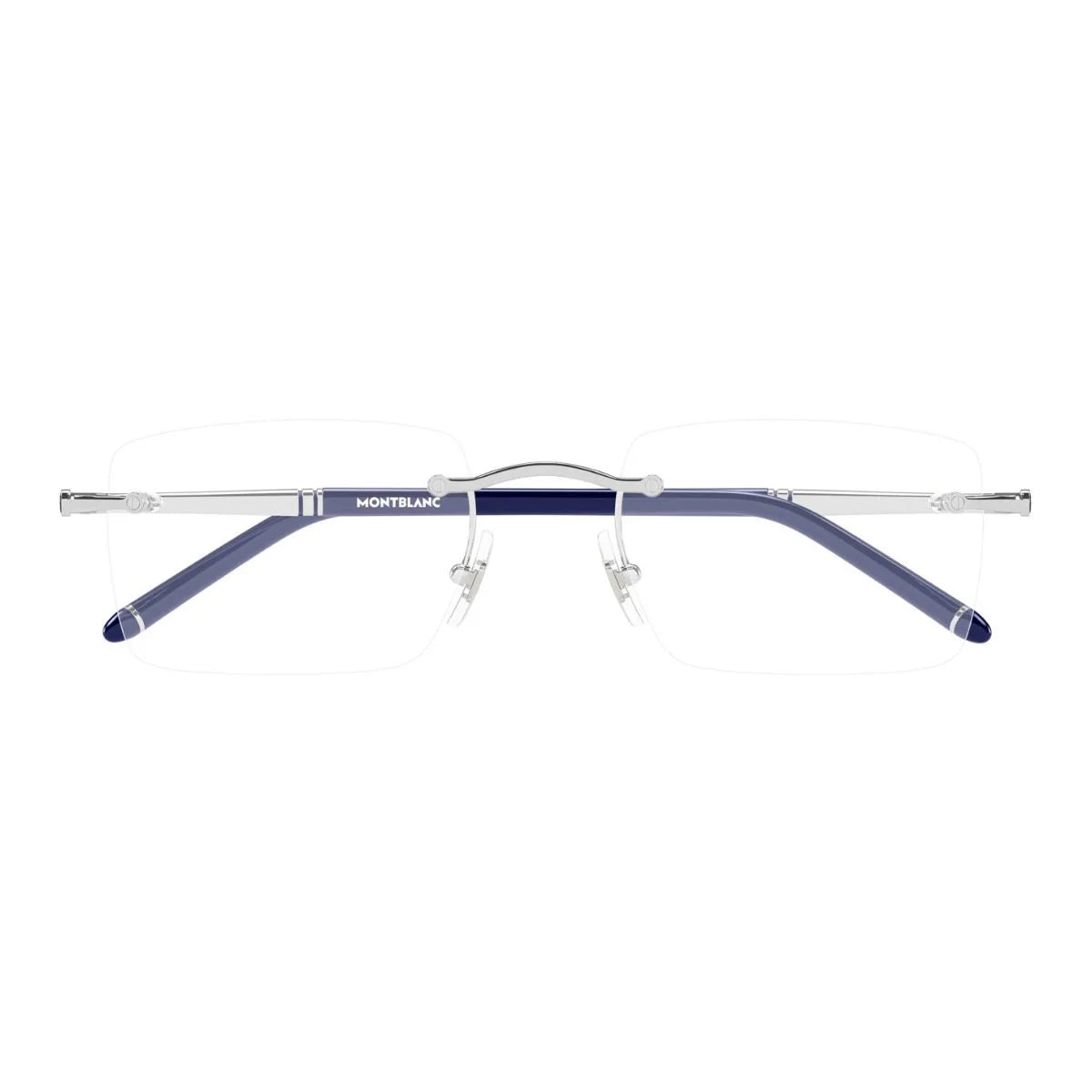 Shop Mont Blanc Frame MB0444O 003, elegant rimless square eyeglasses for men in silver color. Premium Montblanc eyewear India collection of optical frames at Optorium.