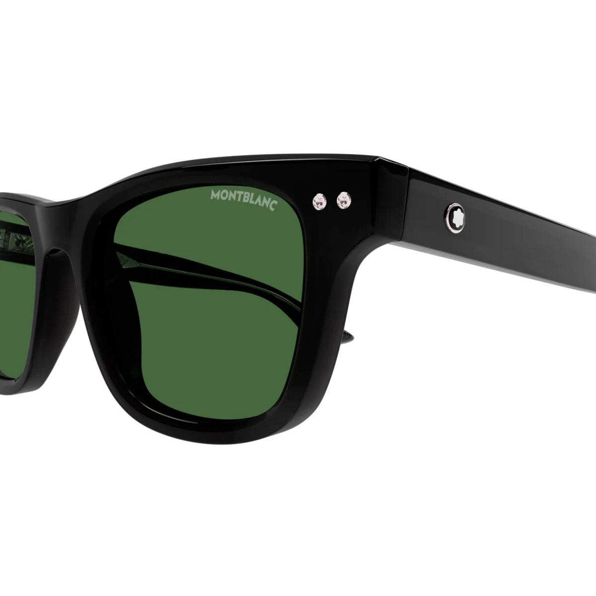 Shop Mont Blanc square shape sunglasses MB0254S 006 featuring green lens, shiny black frame and full UV protection, ideal for fashion-forward men’s eyewear trends at optorium.