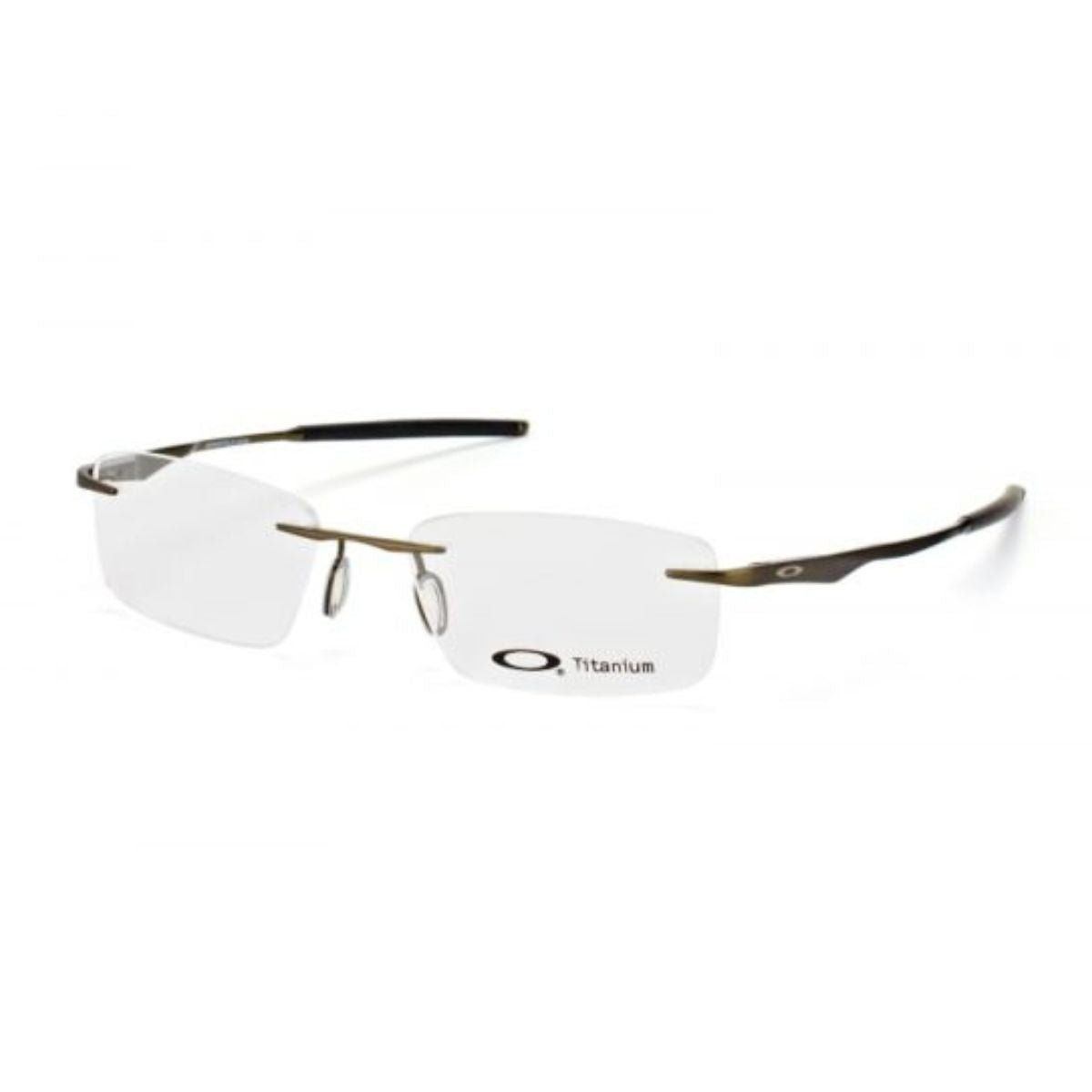 "Modern and stylish Oakley 5118 0153 rectangle rimless eyeglasses, available online at Optorium."
