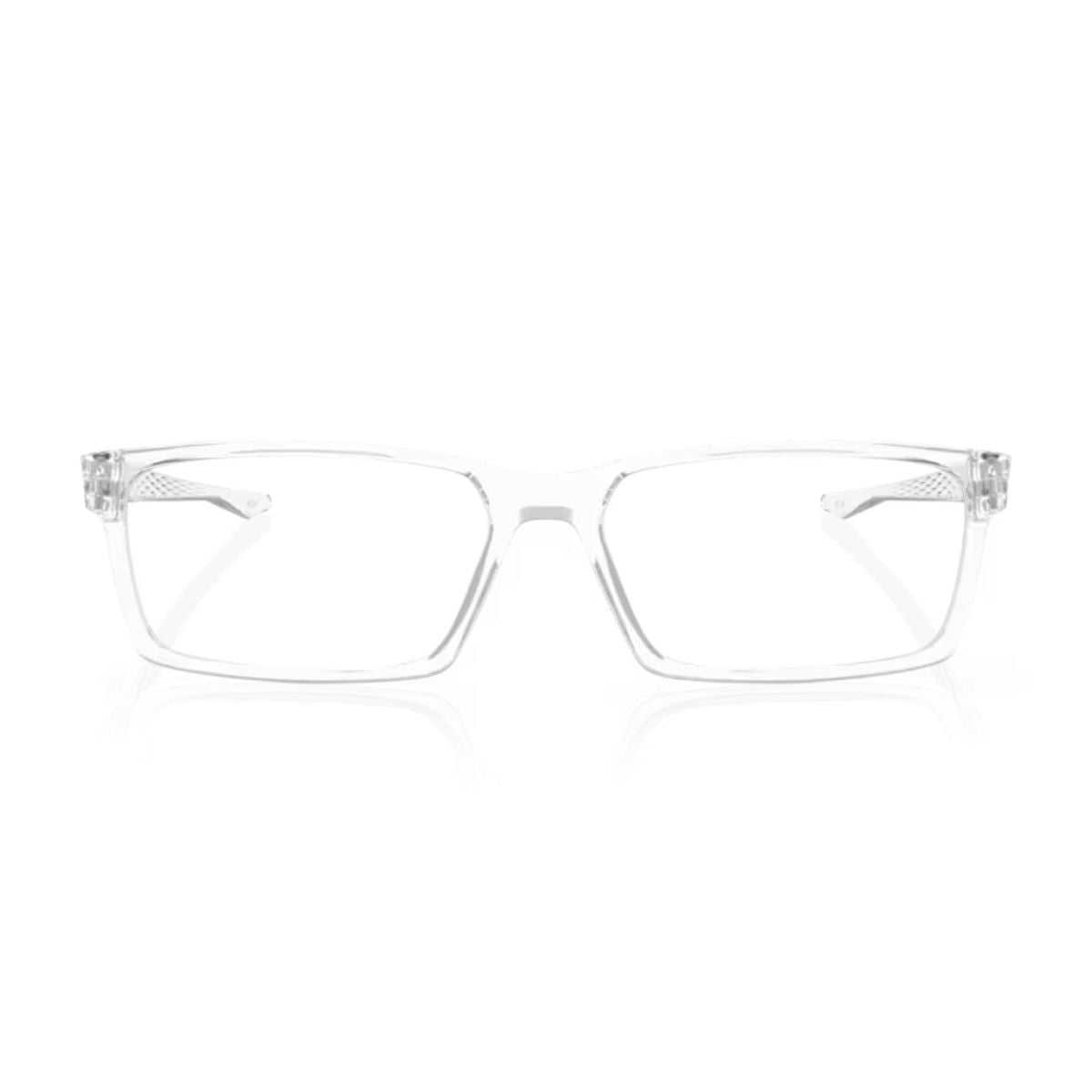 "Oakley OX8060-0357 polished clear eyeglasses frame lightweight stylish eyewear online at optorium."
