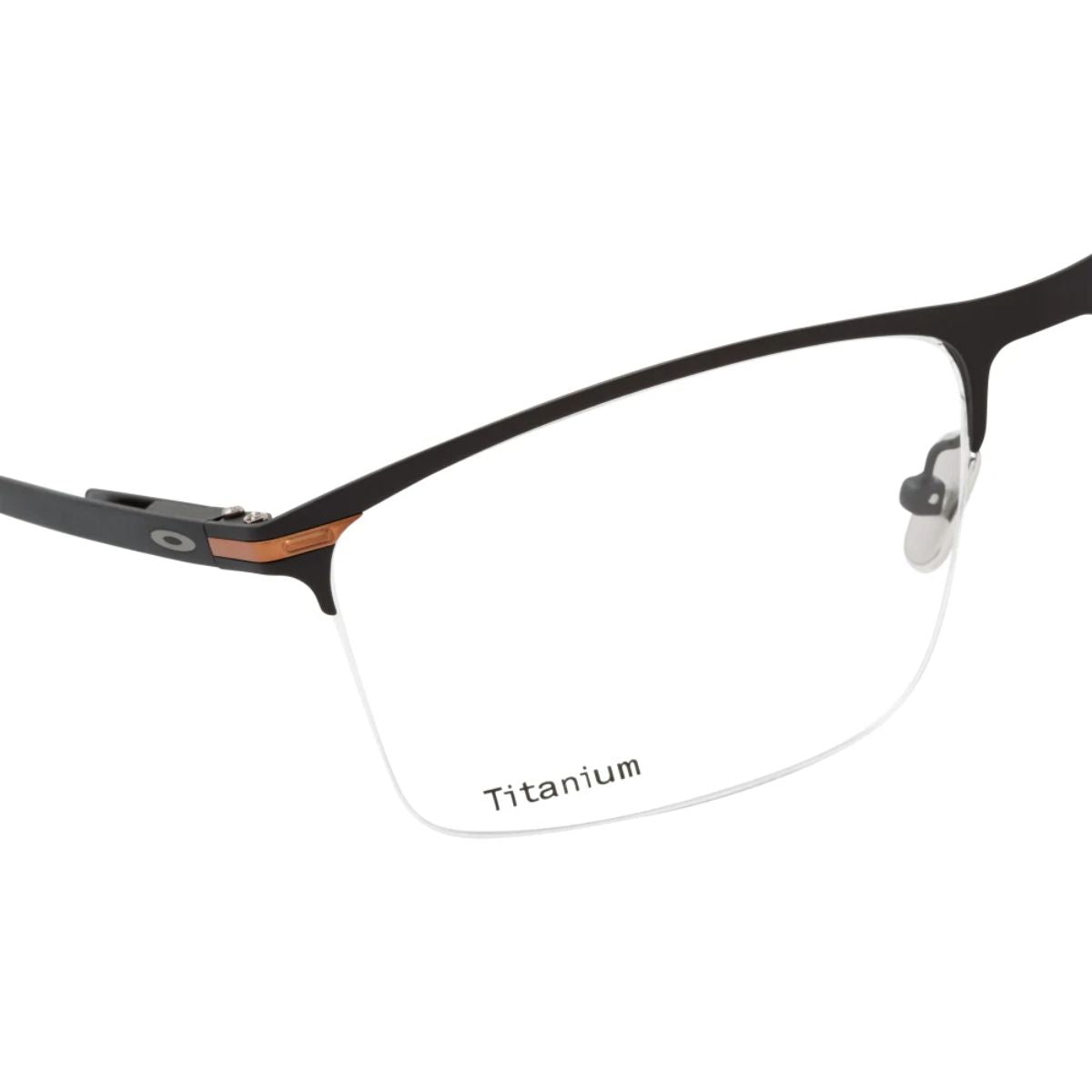 "Durable Oakley Tie Bar 0.5 titanium half-frame eyewear, available on Optorium."