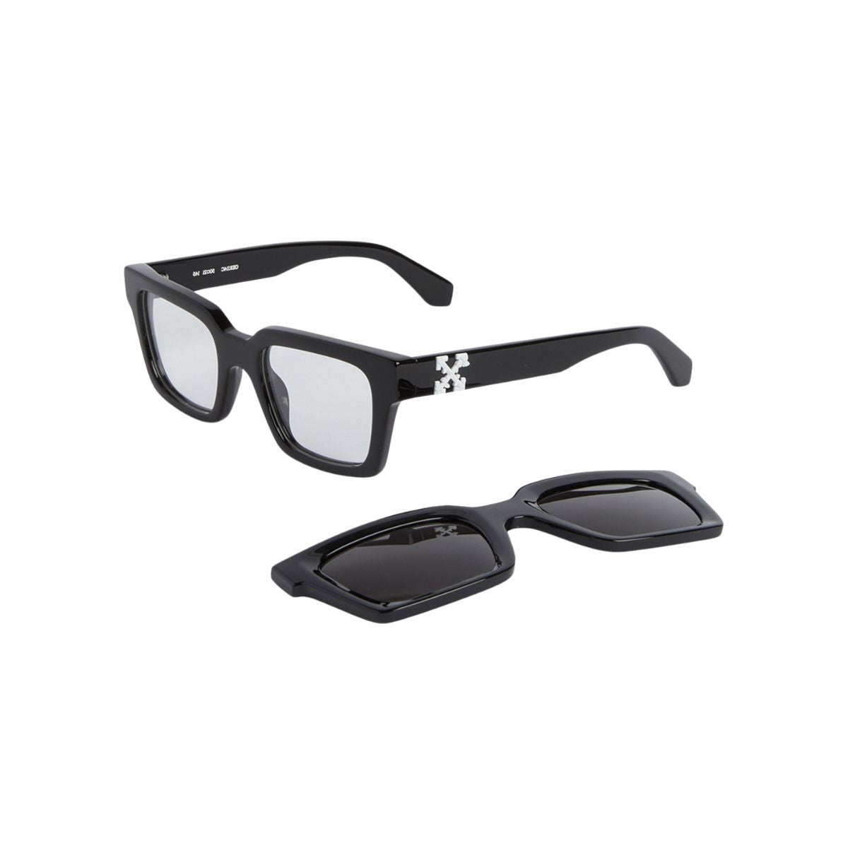 Top Off-White Eyewear for men & women, featuring the stylish OERI14C 1007 clip-on design in black. Trendy square sunglasses for everyday wear at Optorium.