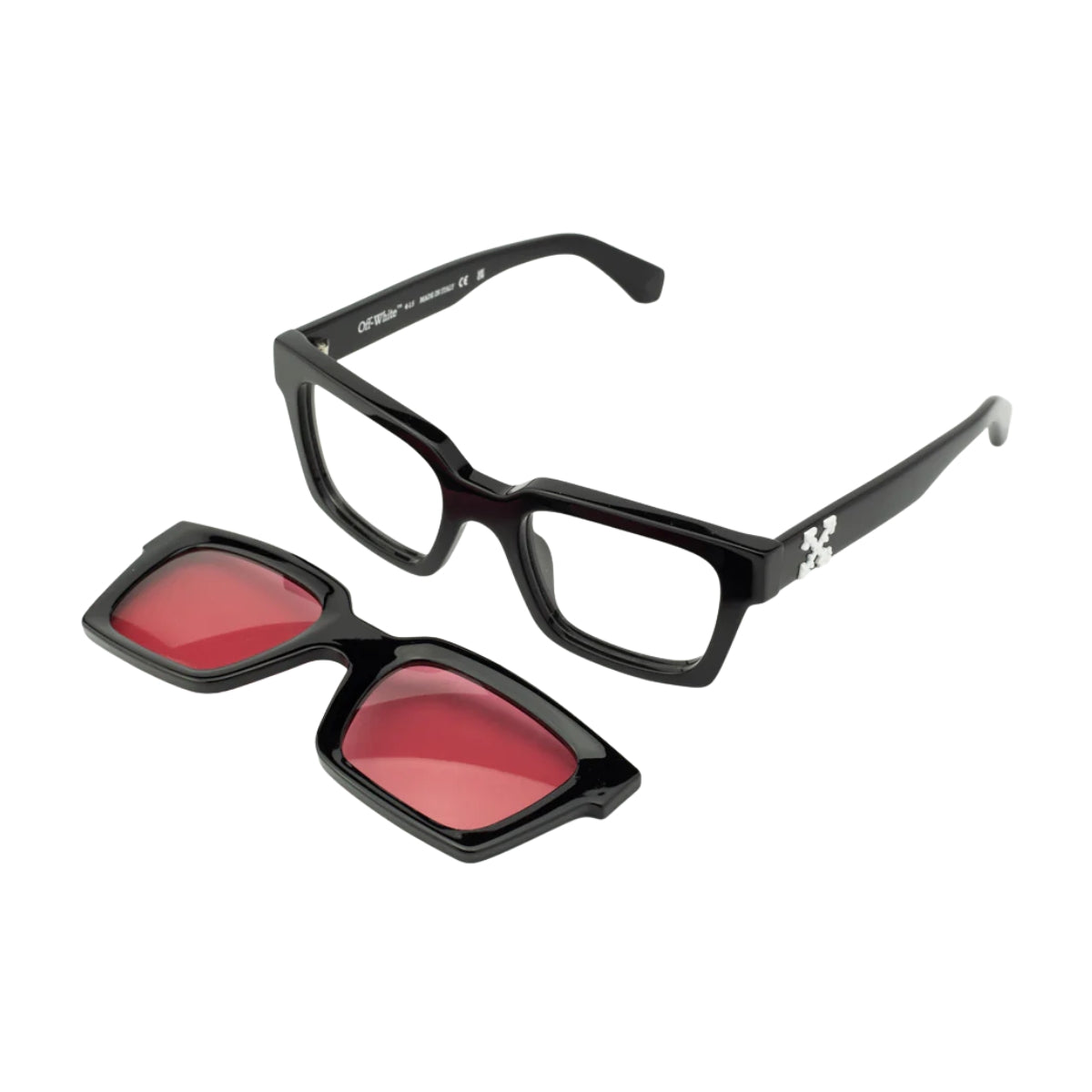 Black sunglasses with red lenses on a white background