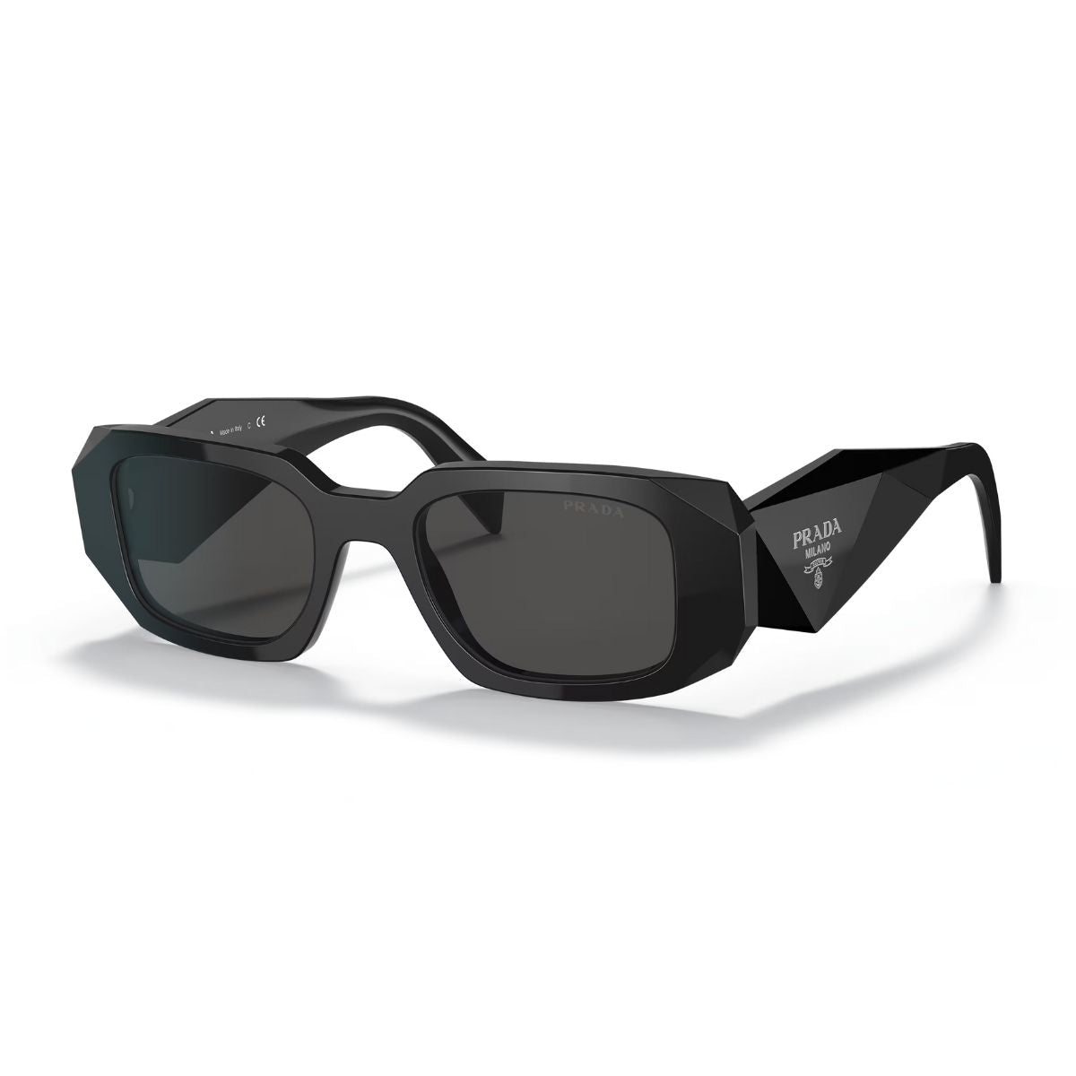  "Elevate your summer style with Prada SPR 17WS 1AB5S0 sunglasses from Optorium, offering a sleek rectangular shape and fashionable shiny black frame, suitable for both men and women."