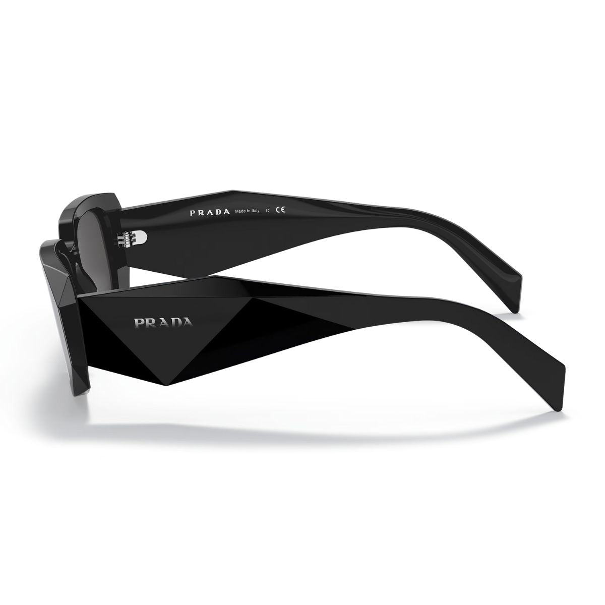  "Unisex Prada SPR 17WS 1AB5S0 sunglasses available at Optorium, boasting a sleek rectangular silhouette and chic shiny black frame, the perfect accessory for a stylish summer look."