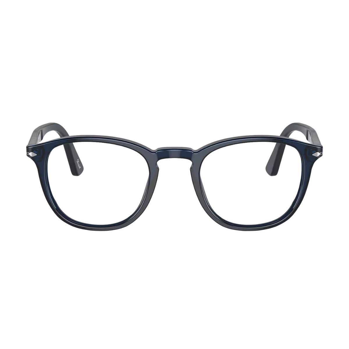 Persol 3143-V 1141 eyeglasses frame, transparent blue square design for men and women. Available online at Optorium.
