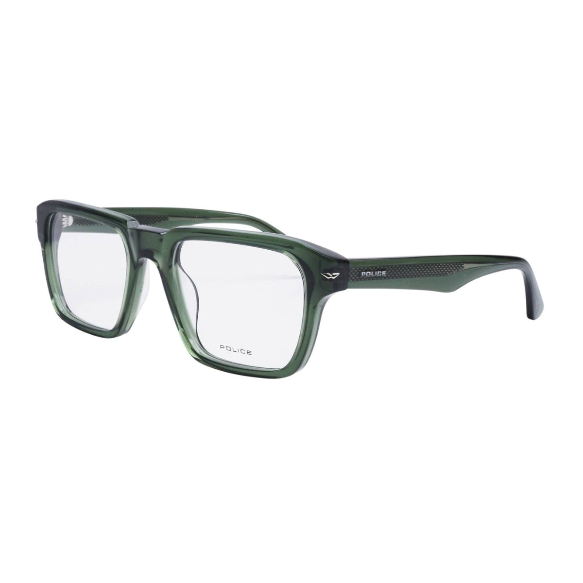 "Buy men’s  Police  glasses VPLN20K 0G61 lightweight acetate frame in transparent green with stylish design, now online at Optorium"