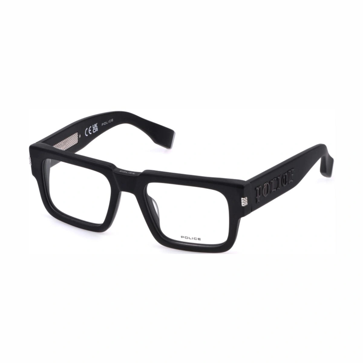 Men Police VPLP18K 0703 eyeglass frame hinge close up