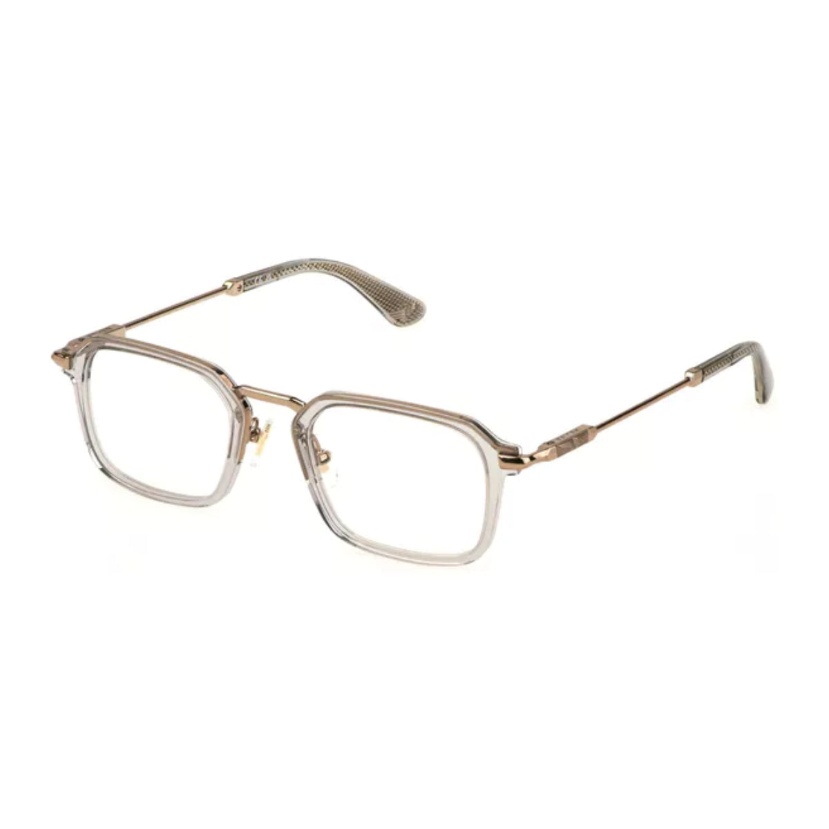 "Police mens eyeglasses VPLL73K 08FF, modern square optical frame with clear crystal front and golden temples, lightweight acetate metal – Optorium"