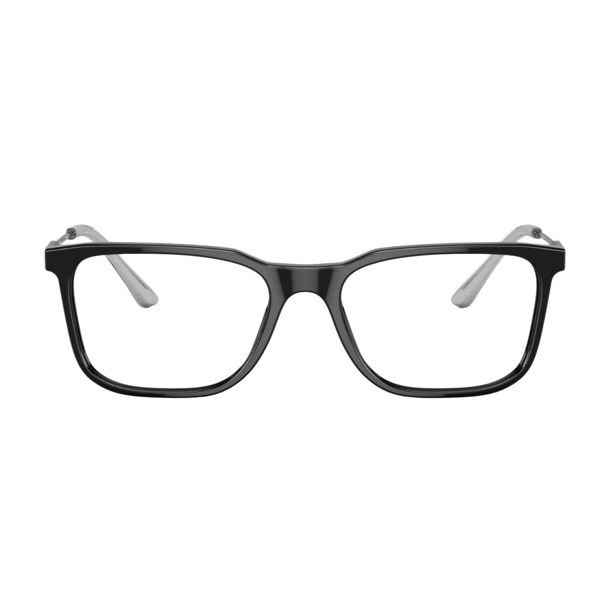 Prada VPR 05Z 1AB-1O1 eyewear frame, black rectangle design with silver metal temples. Available online at Optorium.
