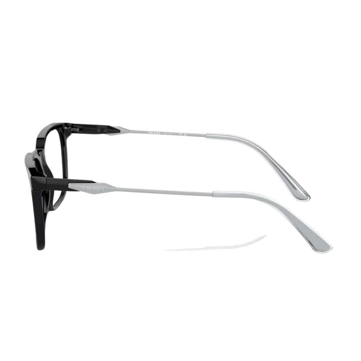 Prada VPR 05Z 1AB-1O1 optical frame, black rectangle with silver metal temples. Available at Optorium.
