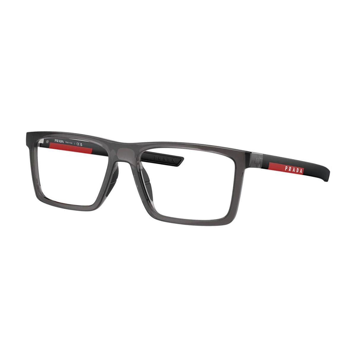 "Stylish Prada VPS 02Q 01D-1O1 transparent grey rectangle eyeglasses frame online at optorium."
