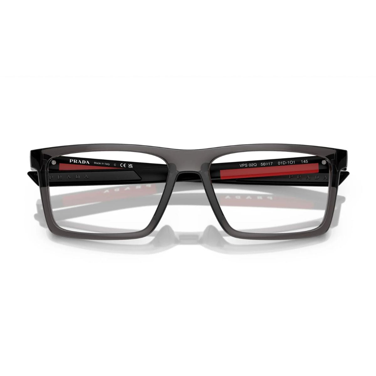 "Prada Linea Rossa VPS 02Q 01D-1O1 transparent grey rectangle eyewear frame online at optorium."
