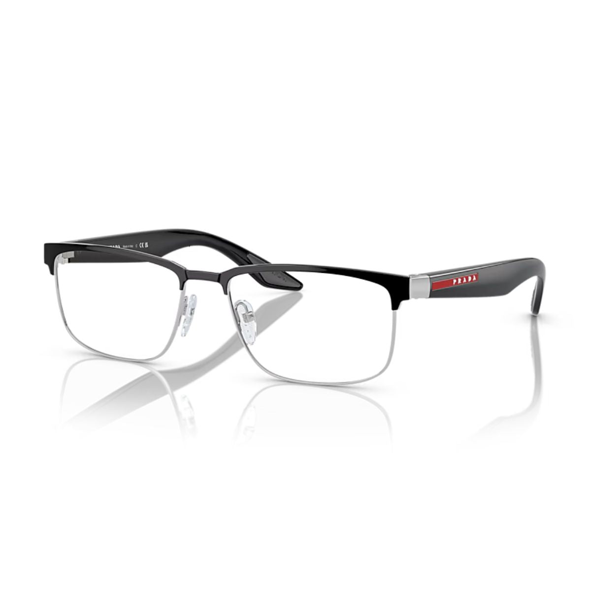 "Luxury Prada Linea Rossa VPS51P 1AB-101 men's eyewear, featuring a sleek black rectangular design for a premium look – buy online at Optorium."