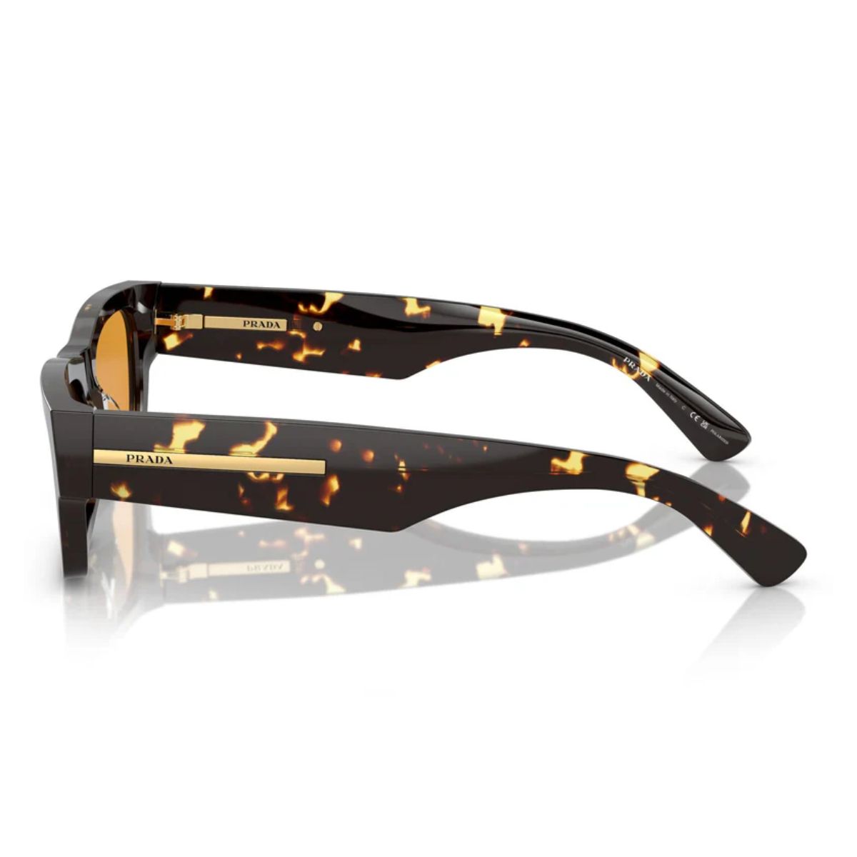 "Prada fashion sunglasses, black acetate frame, yellow polarized lenses at Optorium"