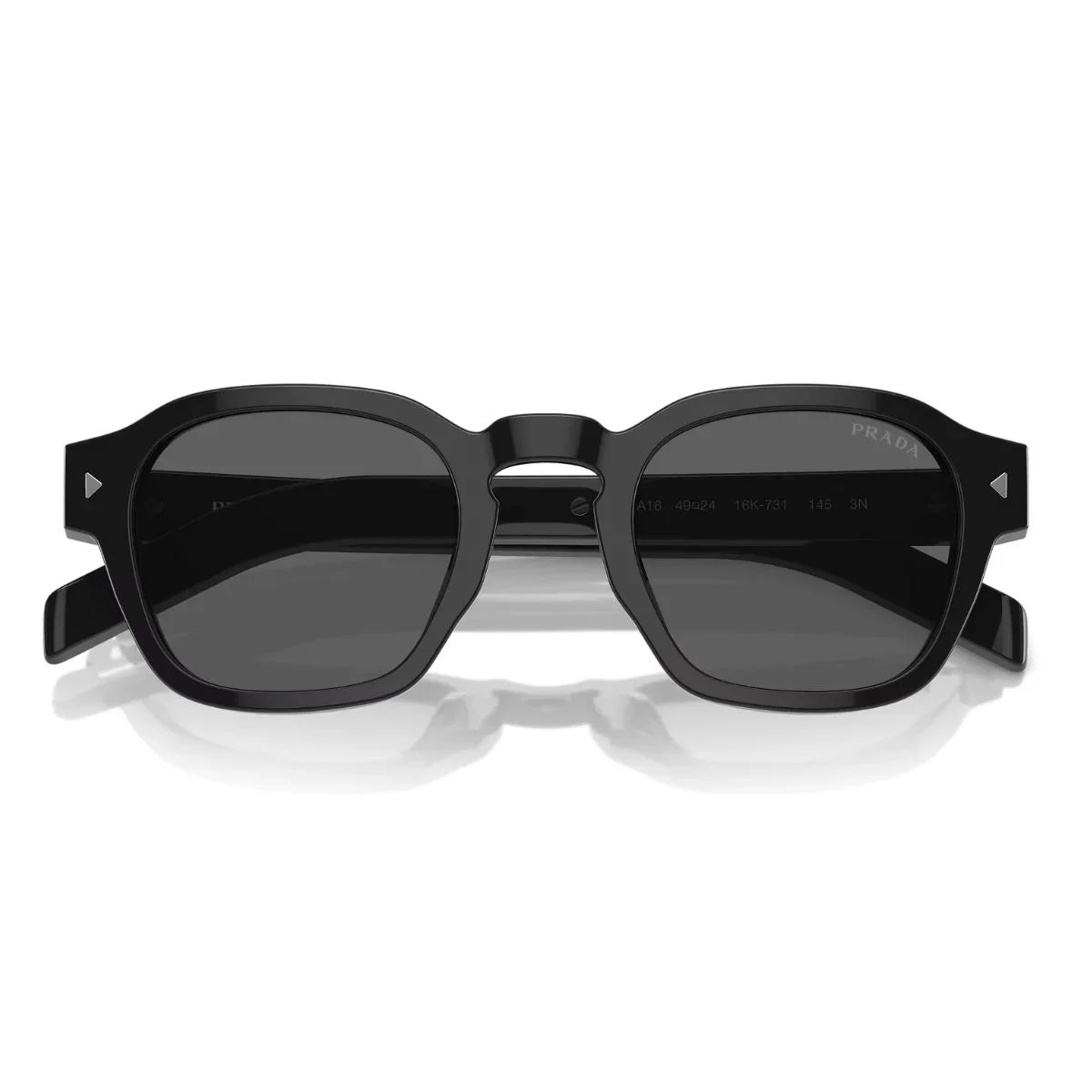 Prada Sunglass SPRPR A16 16K-731 showcases iconic prada sunglasses Shiny Black color, square shape styling, UV protection sunglasses designed for comfort, elegance, and modern prada shades men optorium