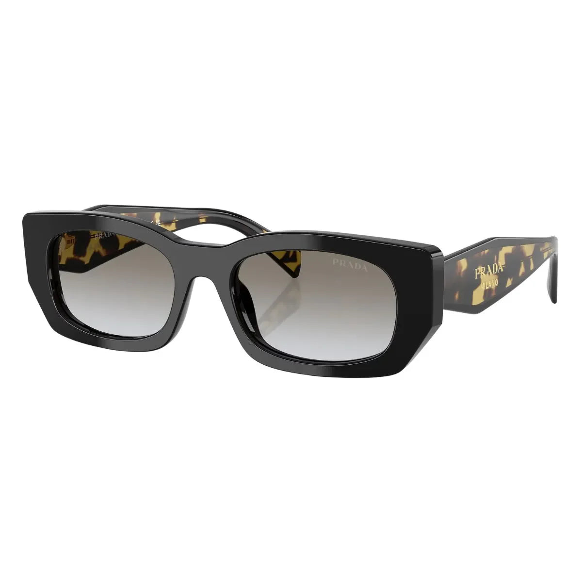 Shop Prada Sunglass SPR B05 389-0A7 prada sunglasses designed in shiny black color with a modern rectangle shape, delivering superior UV protection sunglasses and timeless elegance for prada shades women optorium