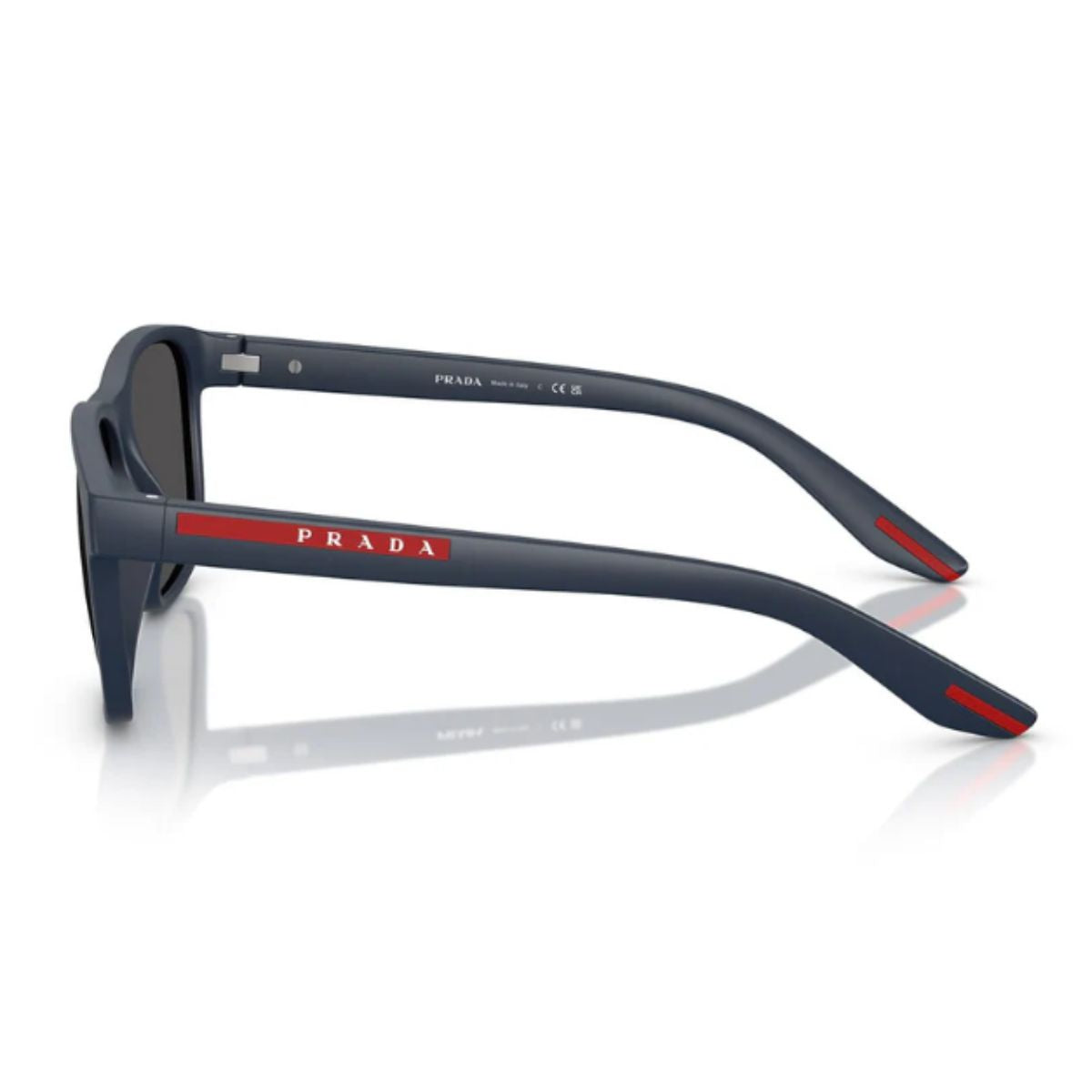 Prada UV protection sunglasses for men – model SPS 06Y TFY 06F in matte blue with dark grey lenses. Stylish acetate sunglasses now at Optorium.